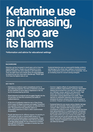 Front cover for Ketamine use is increasing, and so are its harms - fact sheet for educators
